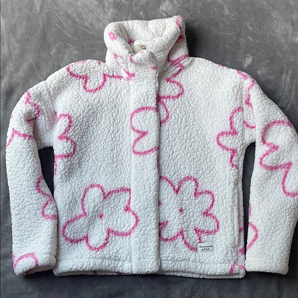 abercrombie kids White Sherpa Jacket with Pink Flower Outline